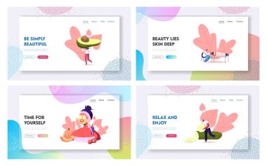 Doğal Güzellik ve Kozmetoloji Gevşeme İniş Sayfa Şablonu. Yüzü Maskeli Dev Kadın 'ın Etrafındaki Küçük Karakterler