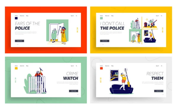 Arga grannar Karaktärer Arguing Landing Page Template Set. Senior man vid staketet, mor med gråtande baby, rockmusik — Stock vektor