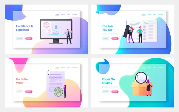 Steuerung der Landing Page Template Set. Schriftzeichen mit Dokumenten bei Computer Controlling Goods Quality. Sicherheit im Internet — Stockvektor