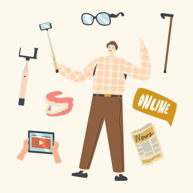 Kıdemli insanlar Gadget ve Akıllı Cihazlar Konsepti kullanır. Yaşlı Adam Selfie Yapıyor. Gelişmiş Yaşlı Erkek Karakter Fotoğrafçılığı