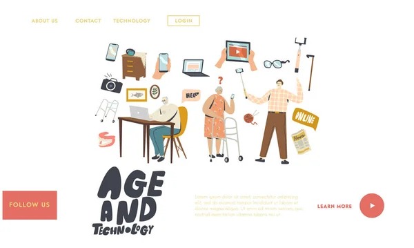 Seniorzy korzystający z szablonu strony Smart Devices Landing Page. Starsze postacie emeryta Dowiedz się, jak korzystać z gadżetów, Make Selfie — Wektor stockowy
