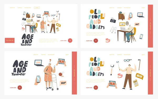 Senior People Using Smart Devices Landing Page Template Set. Personnages de retraités âgés apprennent à utiliser des gadgets, selfie — Image vectorielle