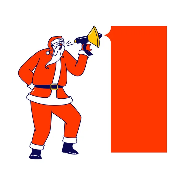 Santa Claus con altavoz y banner burlón anunciando la venta de Navidad. Carácter, burbuja de habla vacía con espacio de copia — Archivo Imágenes Vectoriales
