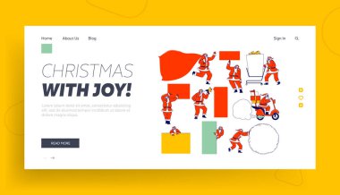 Mockup Landing Page Şablonu olan Noel Baba. Kırmızı Şenlik Kostümlü Noel Karakteri Boş Pankartlar Hazırlıyor