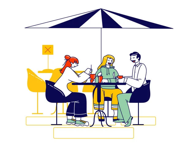 Odwiedzający Postacie siedzieć w zdezynfekowanej odkrytej kawiarni lub restauracji Stół Picie kawy i komunikować. Przyjaciele. — Wektor stockowy