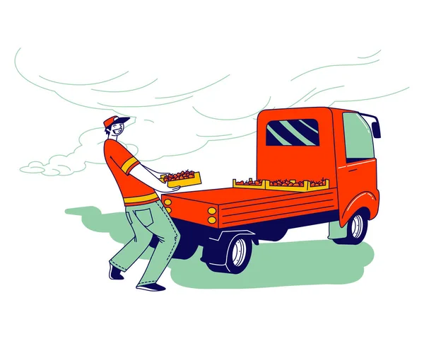 Посібник з полуниці або емігрант Пікінг і завантаження свіжих ящиків в коробці на Truck for Distribution за кордоном — стоковий вектор
