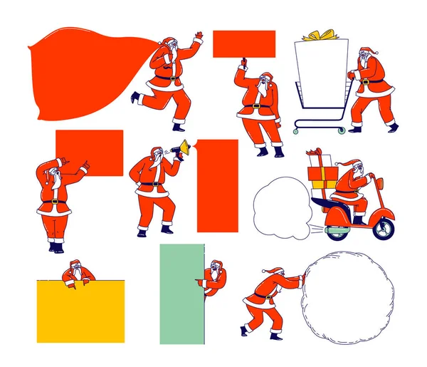 Weihnachtsmann mit Attrappe. Weihnachtsfigur in rotem Anzug und festlichem Kostüm hält leere Banner mit Kopierplatz für Text — Stockvektor