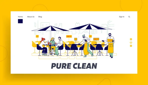 Restaurant Disinfection Landing Page Template. Coronavirus Infection Spreading Prevention. Characters at Outdoor Cafe — Stock Vector