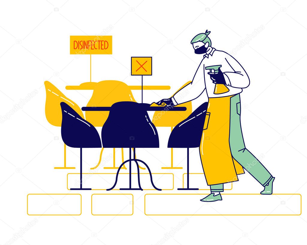 Waiter in Protective Face Mask and Gloves Disinfecting Tables at Cafe or Restaurant. Hospitality Service at Coronavirus