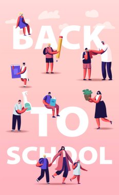 Okula geri dön. Tıp Maskelerinde Eğitim ve Dezenfekte İçin Malzemeleri Olan Çocuklar ve Öğretmen Karakterleri