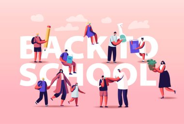 Okula geri dön. Tıp Maskelerinde Eğitim ve Dezenfekte İçin Malzemeleri Olan Çocuklar ve Öğretmen Karakterleri