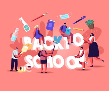 Okul Konseptine geri dönelim. Öğrenciler ve Öğretmen Karakterleri Tıp Maskeleri Takıyor Malzeme ve Dezenfektanlarla