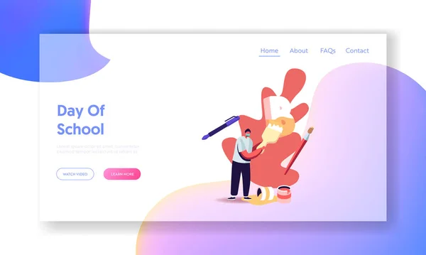 Voltar para a escola em Coronavirus Quarentena Landing Page Template. Schoolboy Use Máscara Pintura com Pincel Enorme Carta B —  Vetores de Stock