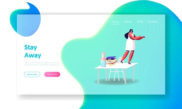 Geschäftsfrau Distance Working Process während der Coronavirus Pandemie Landing Page Template. Weibliche Figur in Maske — Stockvektor
