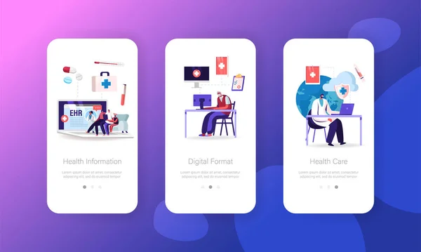 Ehr, Ηλεκτρονικό Μητρώο Υγείας Mobile App Σελίδα On Board Πρότυπο οθόνης. Χαρακτήρες Καινοτόμος Τεχνολογία στην Ιατρική — Διανυσματικό Αρχείο