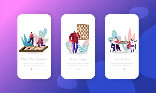 Personnes jouant aux échecs Mobile App Page Modèle d'écran embarqué. Loisirs familiaux et loisirs, personnages Loisirs domestiques — Image vectorielle