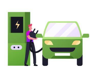 İstasyon işçisi araba prizine şarj prizi takmış. Eko Taşımacılık Elektrik Gücü. Elektrikli Araç Yeşil Teknolojisi