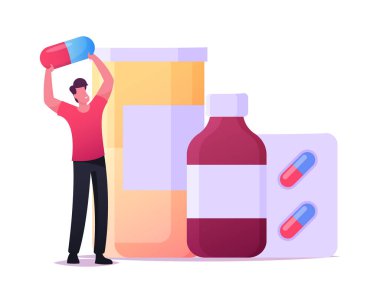 Minik Erkek Karakteri Vitamin Kapsülü veya Büyük Şişede İlaç Durağı ve İlaç Tabletleri Kabarcıkları