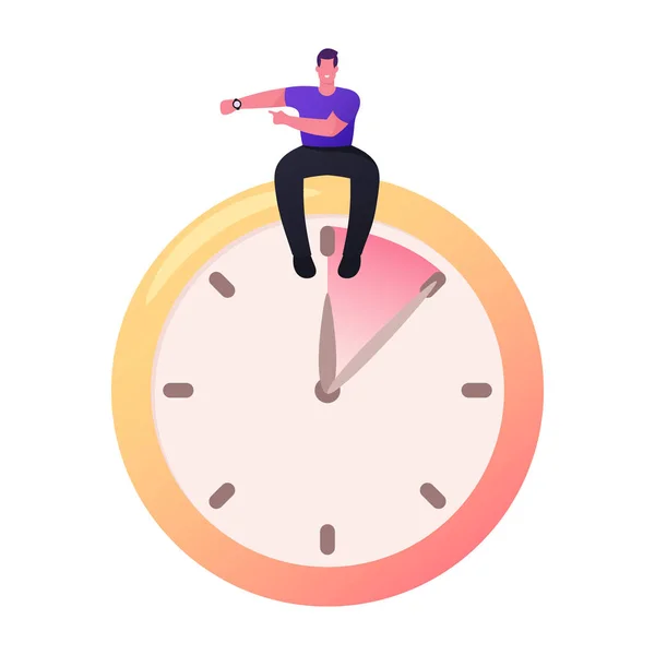 Personaggio Sedersi a enorme sveglia puntando su orologi da polso. Gestione del Tempo, Pianificazione e Programmazione Lavoro, Scadenza — Vettoriale Stock
