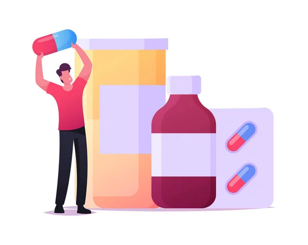 Маленький чоловічий персонаж тримає капсулу вітаміну або таблетку для медикаментів стоячи на величезній пляшці і Блайстері з таблетками для медикаментів. — стоковий вектор