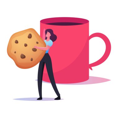 Minik Kadın Karakteri Sıcak İçecekle Büyük Kupa 'da Kurabiye Taşıyor. Kadın, kahve molasında, kafede dinleniyor.