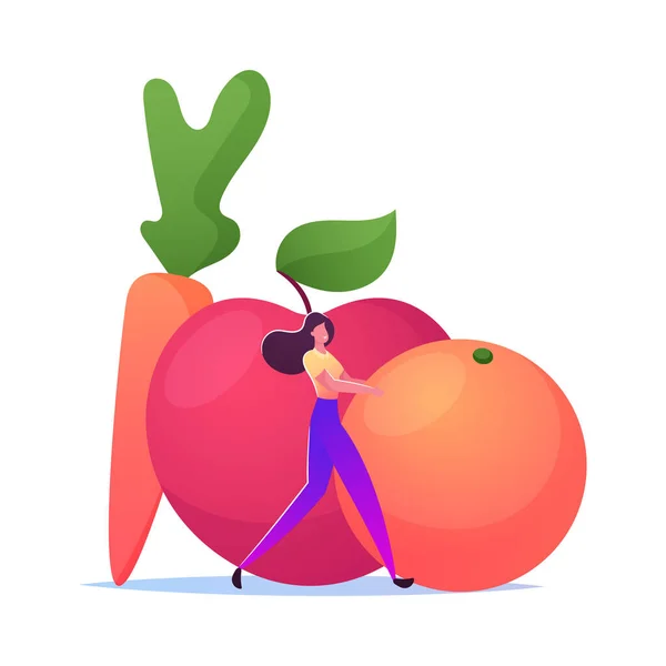 Vitamíny v ovoci nebo zelenině, vegetariánská strava. Malá žena s obrovskou pomerančovou, jablečnou a mrkvovou. Dívka Vyberte zdravé jídlo — Stockový vektor