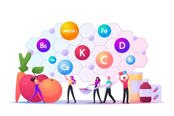 Choix d'aliments sains, vitamines dans les produits, légumes biologiques. Jeunes hommes et femmes personnages à d'énormes fruits et légumes — Image vectorielle