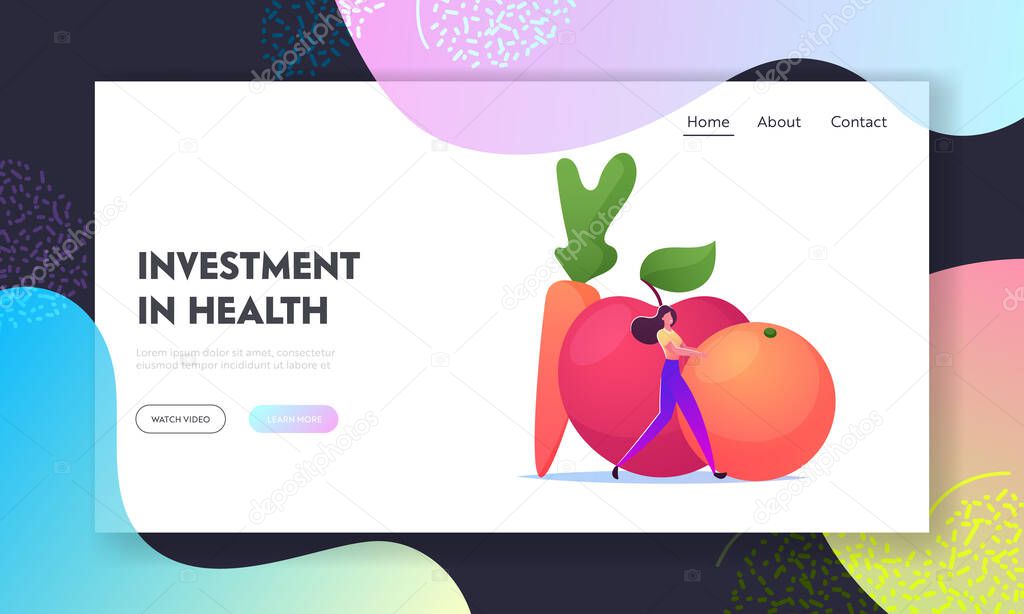Vitamins in Fruits or Vegetable Landing Page Template. Tiny Woman with Huge Orange, Apple and Carrot. Healthy Food