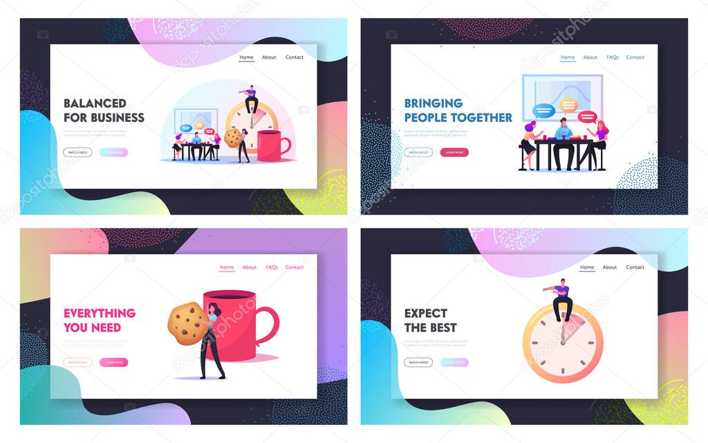 Friends Characters Meet Up in Cafe or Bar Landing Page Template Set. People on Coffee Break in Modern Restaurant Chat