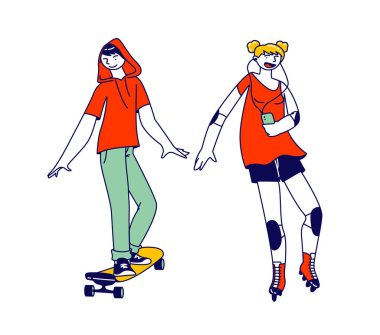 Beyaz arka planda izole edilmiş genç bir çift. Genç adam kaykaya biniyor, Moda Elbiseli Genç kız Mobil