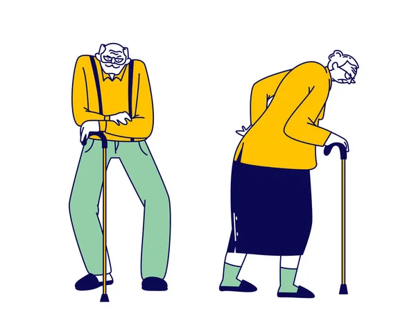 Персонажи старших пар с ходячими тростями стоят вместе изолированно на белом фоне. Семейный стиль жизни пожилых людей — стоковый вектор