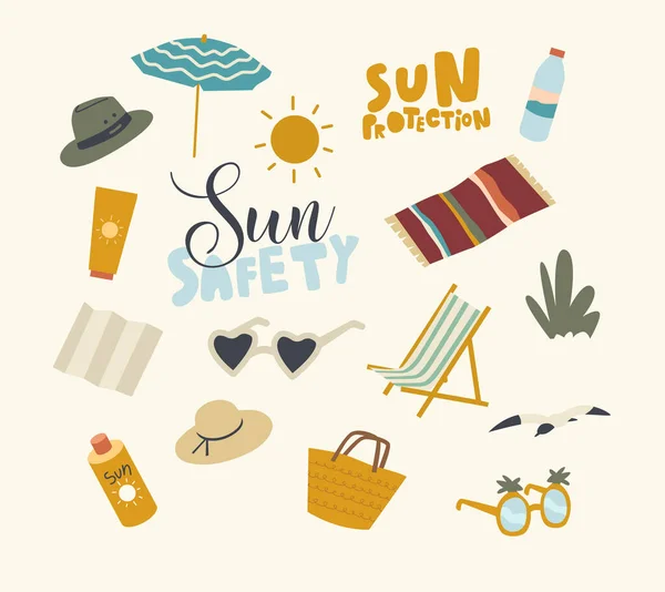 Set Iconos Tema de seguridad solar Paraguas de playa, Estera y bolsa con gafas de sol, Tubo crema protector solar o botella de agua, Sombrero de Panamá — Vector de stock