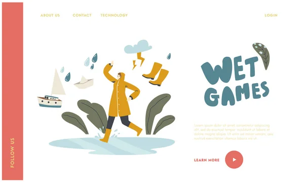 Autumn Water Games Landing Page Template. Glückliche weibliche Figur läuft bei Regen auf Pfützen, Frau läuft im Regen — Stockvektor