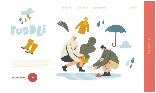 Outdoor Fun Landing Page Template. I personaggi felici che giocano sulle pozzanghere nel giorno piovoso umido, donna e uomo mettono la barca di carta — Vettoriale Stock