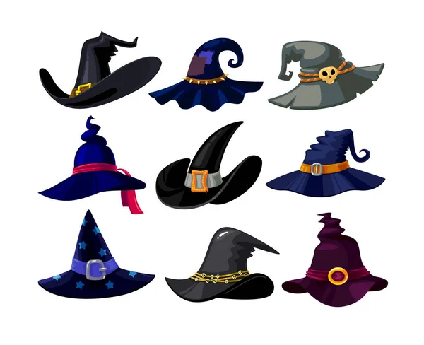 Set of Witch Hats Icons, Wizard Headwear of Different Design Isolated on White Background. Magic Traditional Caps — Stock Vector