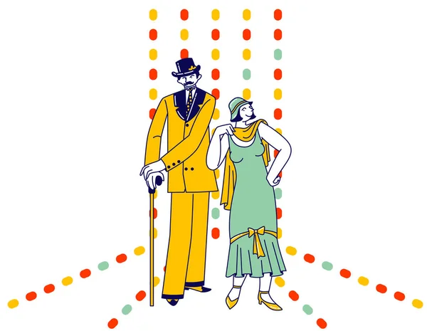 Berühmtes Paar Eleganter Mann und Frau, die Kleider der tosenden 1920er Jahre im Gatsby-Stil tragen. Retro Party, Lifestyle — Stockvektor