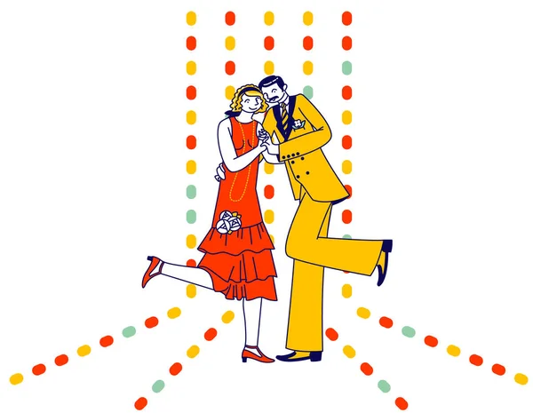 Young Couple Dancing Charleston on Retro Party (en inglés). Bailarinas de Mujer y Hombre en Gatsby Ropa de Estilo Vintage de 1920 Edades — Archivo Imágenes Vectoriales