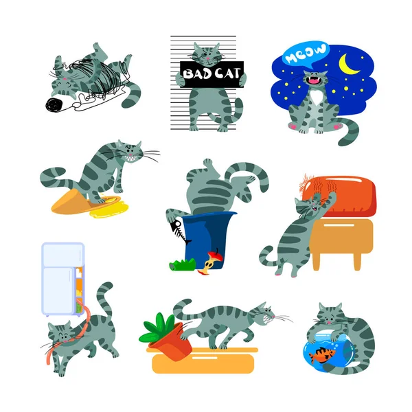 Set Bad Cat Behavior Icons. Kitten Meowing at Night, Scratch and Mark Sofa, Piss into Slipper, Dig in Garbage, Fishing — Stockový vektor