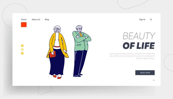 Starší lidé Životní styl, Family Sparetime Landing Page Template. Starší pár postav v elegantním oblečení dohromady — Stockový vektor