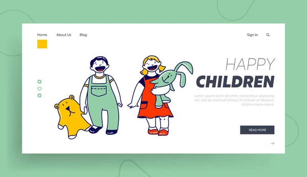 Cute dzieci Mężczyzna i kobieta Cute znaków szczęśliwie uśmiechnięty Landing Page Szablon. Para dzieci w wieku dwóch lub trzech lat — Wektor stockowy