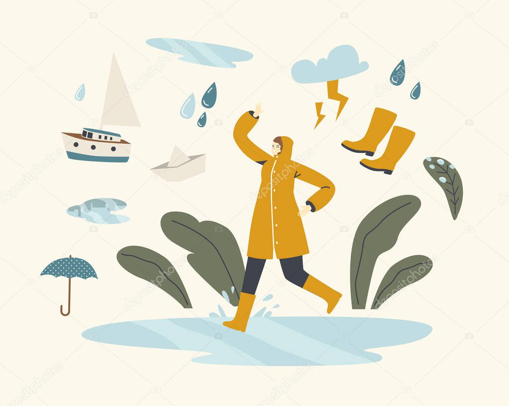 Happy Female Character Jumping and Running on Puddles in Wet Rainy Day, Woman Run under Rain, Happy Girl in Cloak