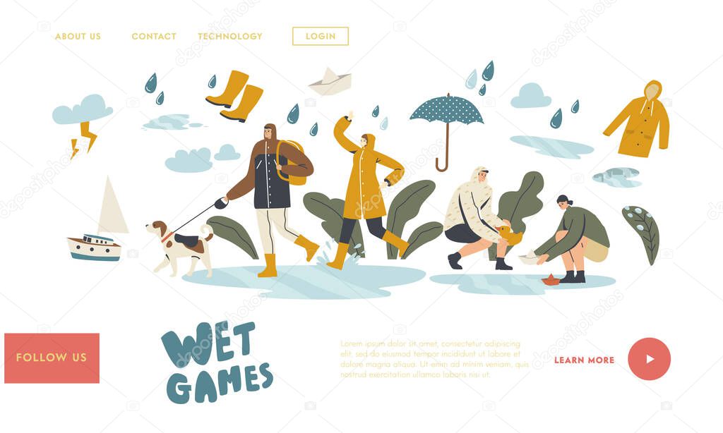 Wet Games with Puddles in Rainy Autumn or Spring Day Landing Page Template. Happy Drenched Characters Wearing Cloaks