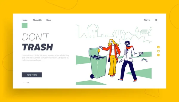 Personaggio Gettare rifiuti Covid a Litter Bin Landing Page Template. Donna ha messo la maschera medica usata in contenitore all'aperto — Vettoriale Stock