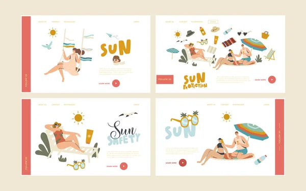 People Use Sun Protection Landing Page Template Set. Characters on Beach Put Sunscreen Cream on Skin. Summer Vacation — Stock Vector