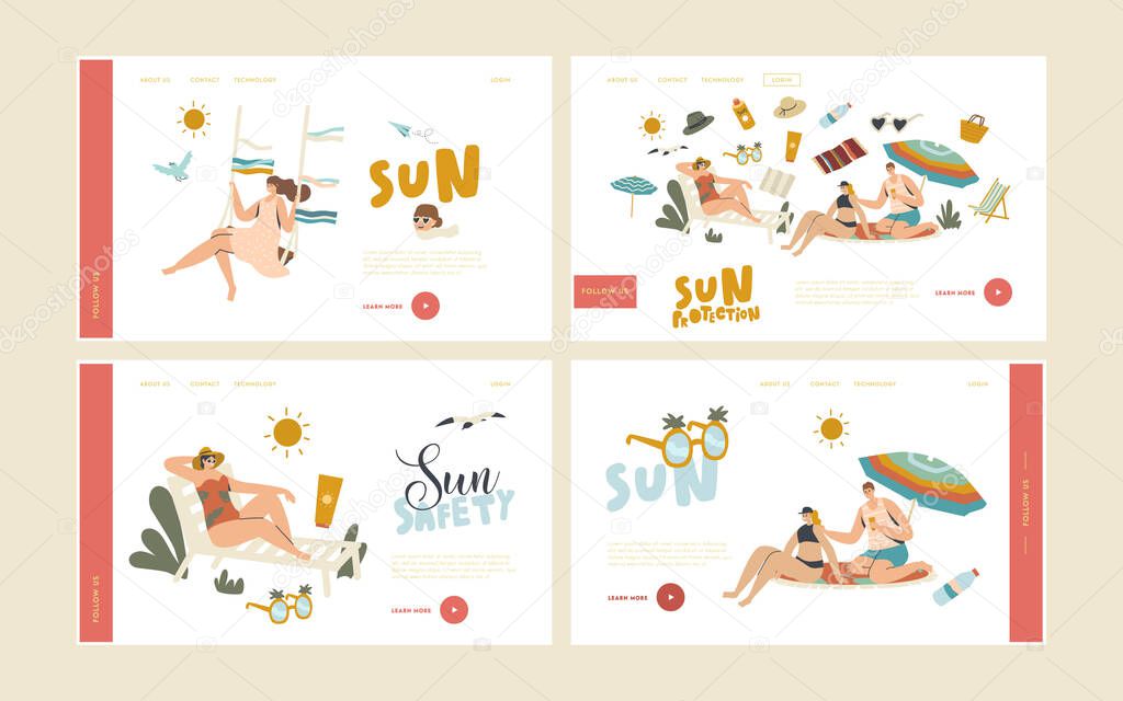 People Use Sun Protection Landing Page Template Set. Characters on Beach Put Sunscreen Cream on Skin. Summer Vacation
