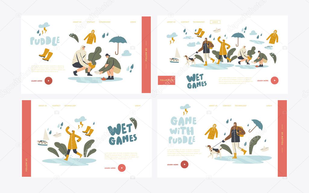 Wet Games with Puddles in Rainy Autumn or Spring Day Landing Page Template Set. Happy Drenched Characters Wearing Cloaks