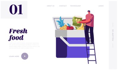 Yol İniş Sayfası Şablonunda Yiyecek Soğutma. Minik Erkek Karakteri Merdiven Üzerinde Duruyor Ürünleri Büyük Otomobil Buzdolabına Koyuyor