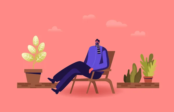 Расслабляющий мужской персонаж сидит в удобном кресле, расслабляясь на террасе Зимнего дома, балконе или теплице. Главная Сад — стоковый вектор