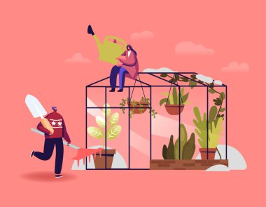 Bahçıvan ya da Botanikçi Karakterleri Kış Bahçesi Konseptinde çalışıyor. İnsanlar portakala çiçek ve saksı ekiyor.