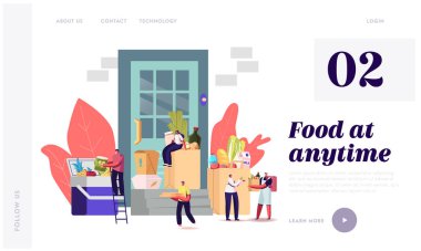 Yemek Teslimatı Sayfa Şablonu. Kurye Karakterleri Kapıda Paket Paket ve Market Ürünleriyle Bekliyor
